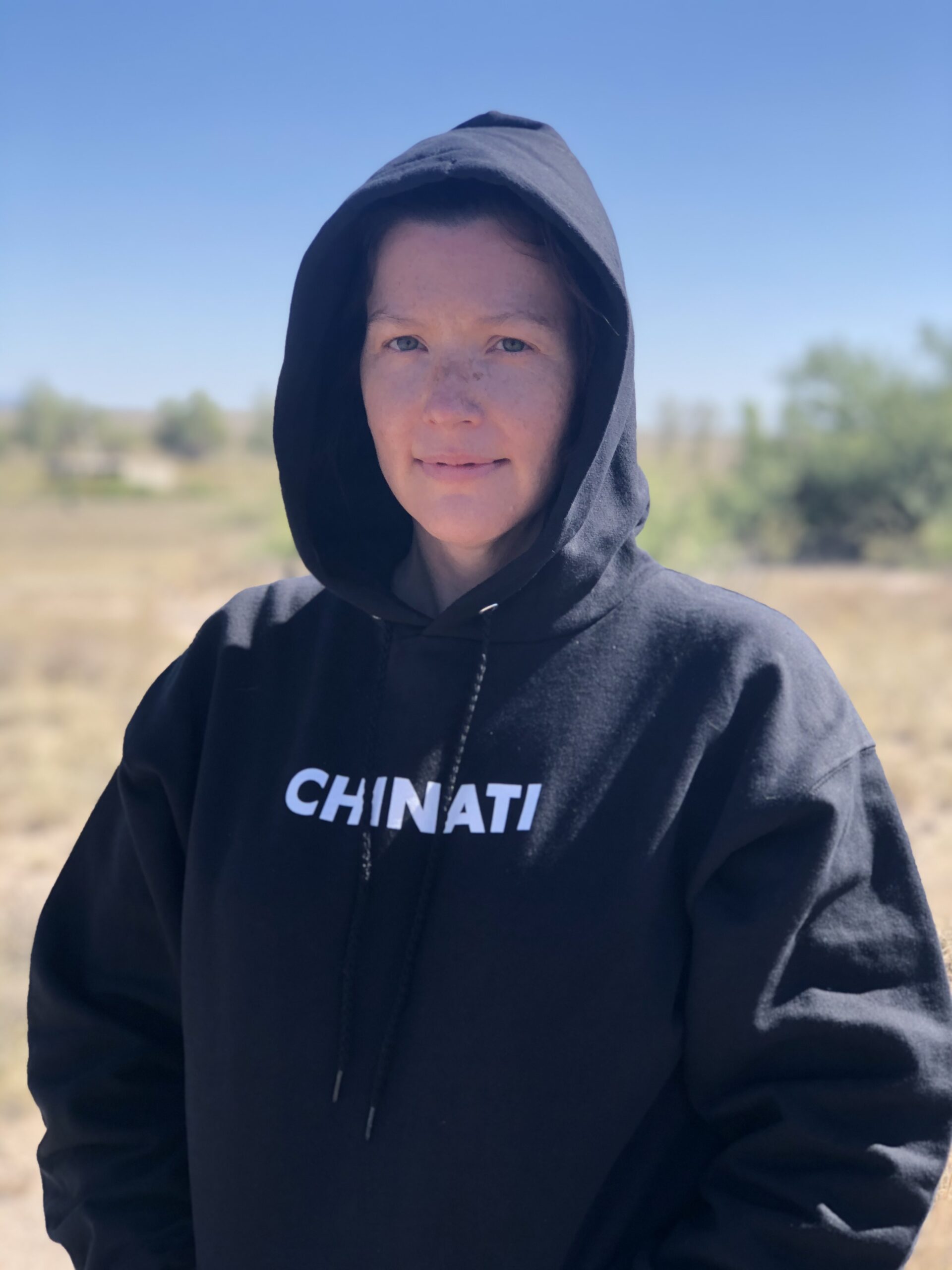 Sarah in the Chinati hoodie